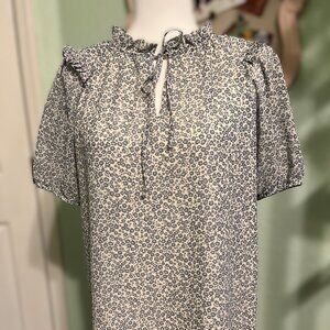 Blue and White Flowered Blouse by Pleione Size S